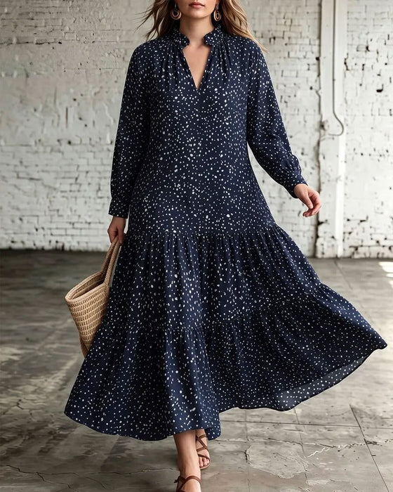 Robe Col V Pois Volant Superposé