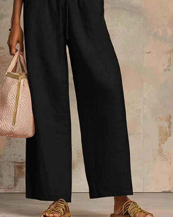 Ensembles Deux-Pièces Fermeture Éclair Col Rond Haut Large Jambe Pantalon