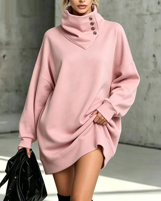 Robe Col Roulé Bouton Diagonal Coupe Loose