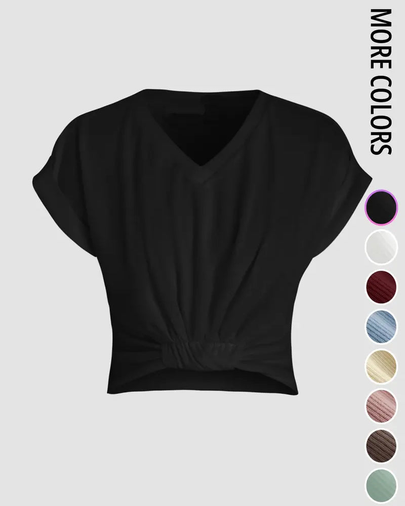 T-Shirt Col En V Détail Nœud Torsadé Manches Courtes