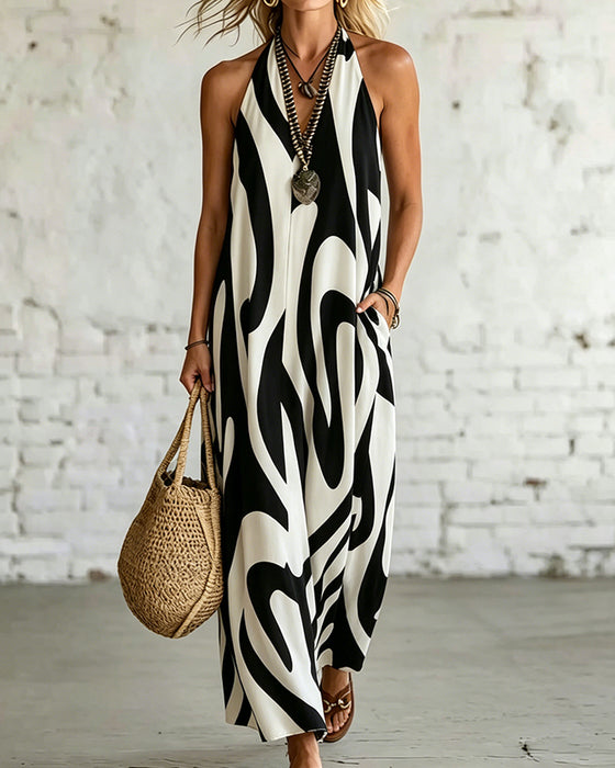 Robe Col V Sans Manches Motif Géométrique