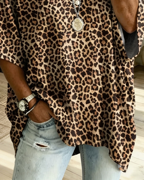 Blouse Col V Léopard Décontractée