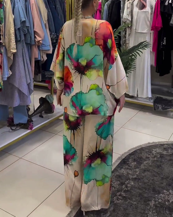 Ensemble asymétrique à manches trois-quarts à imprimé lotus