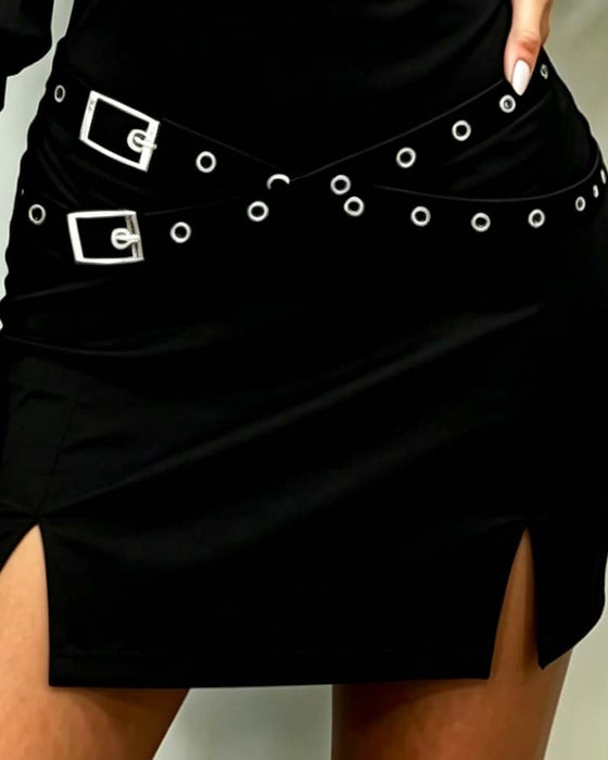 Robe Lanterne Manche-Trois-Quarts Taille-Serrée Chemise