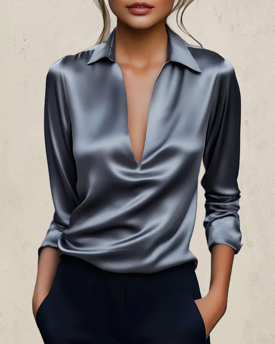 Blouse Unie À Col En V Simple Et Élégante