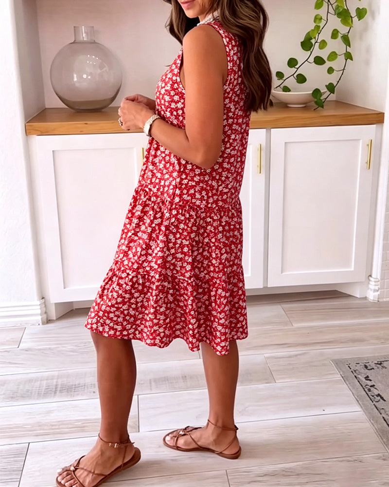 Robe Col-V Sans Manches Florale A-Ligne