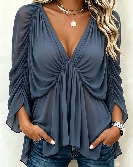 Blouse Col V Froncée Décontractée