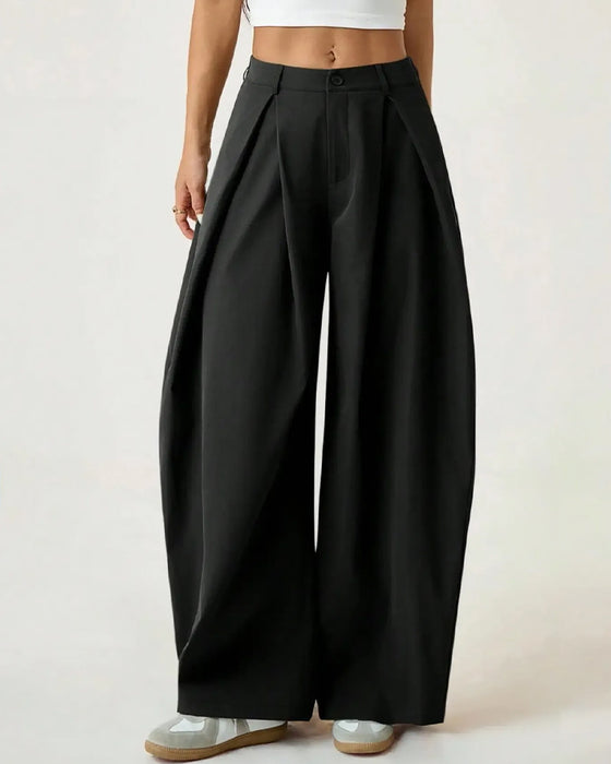 Pantalon Taille Haute Plissé Jambe Large Décontracté