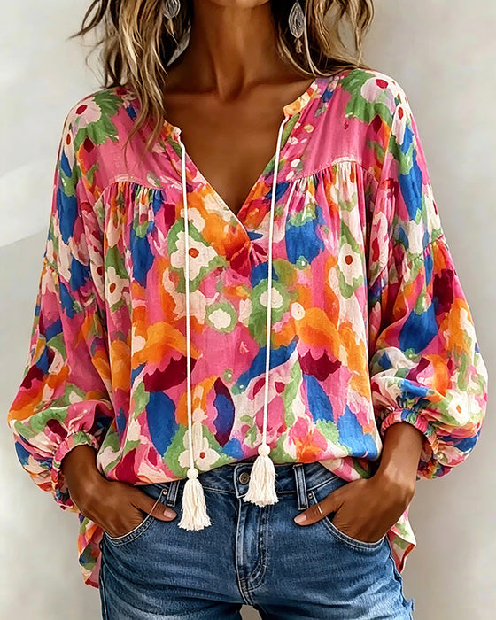 Blouse Coloré Imprimé Manche Lanterne Frange
