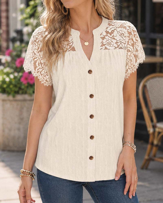 Blouse Col En V Bouton Dentelle Panneau
