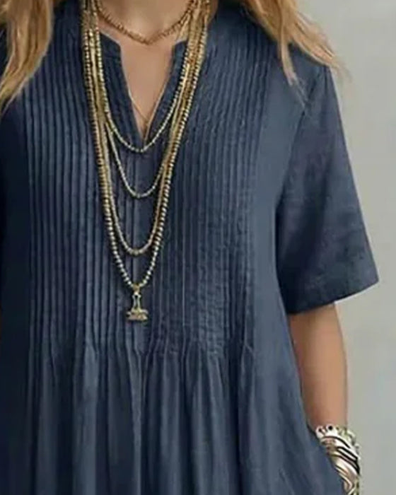 Robe Plissée Col En V Demi-Patte Coupe A Longue