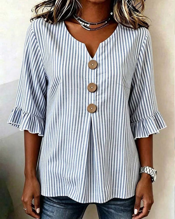 Blouse Mini Col V Volant Rayure Bouton