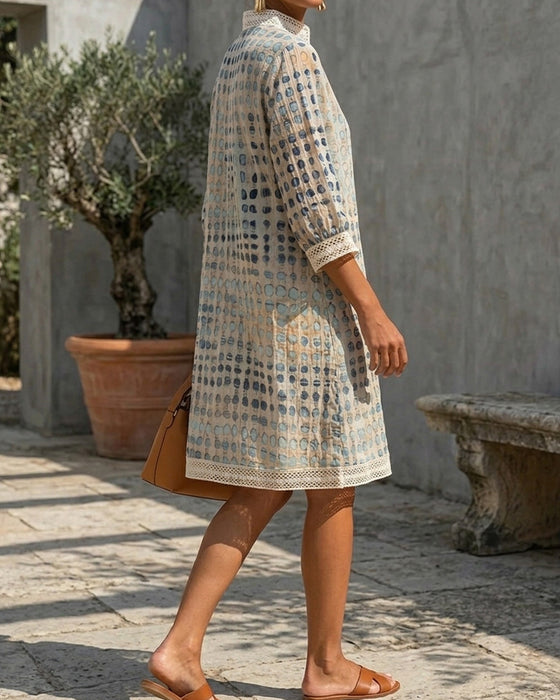 Robe Col V Pois Dentelle Patchwork Col Montant