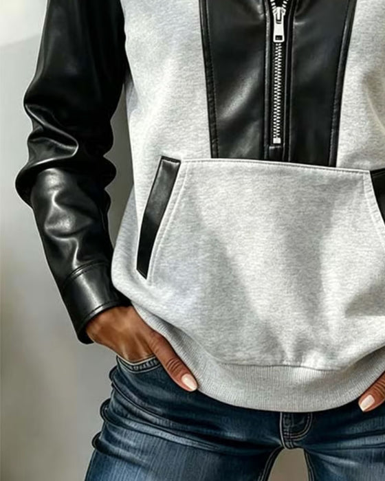 Hoodie Fermeture Éclair Poche Patchwork