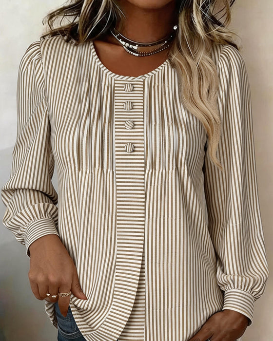 Blouse Col Rond Bouton Devant Rayure Manches Ballon