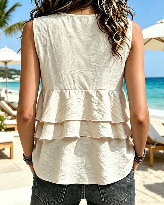 Gilet Uni Sans Manches Avec Encolure En V Et Volants