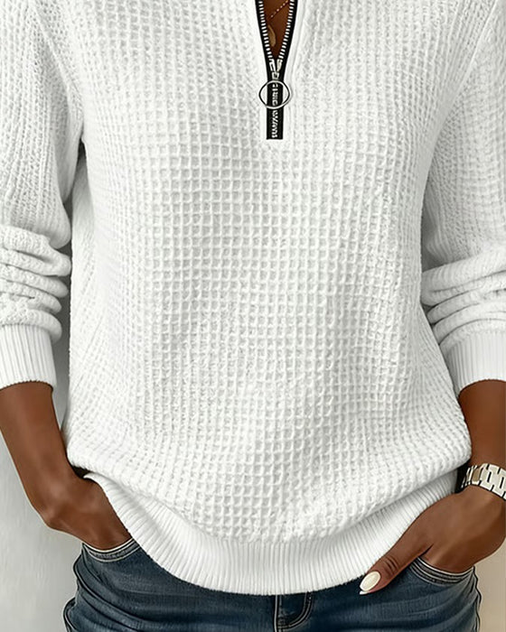 Sweatshirt Col-Debout Fermeture Éclair Manche-Longue Gaufrier