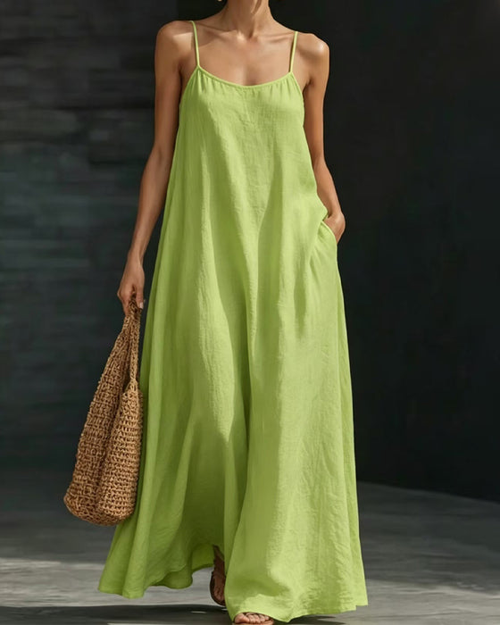 Robe Couleur Unie Bretelles Spaghetti Poche Longue