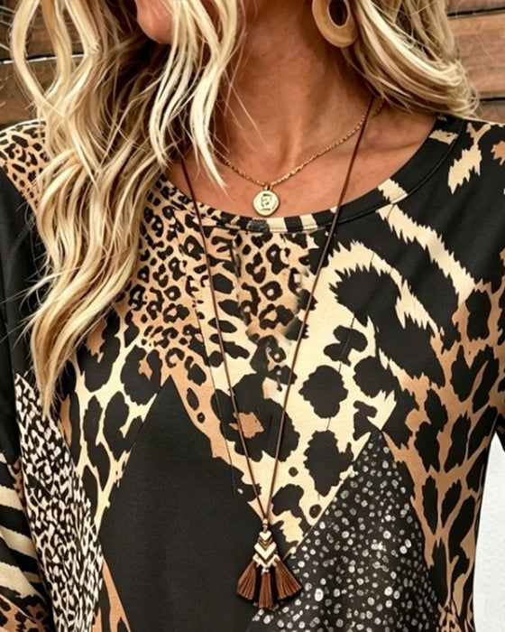 Blouse Col Rond Bouton Léopard Froncée