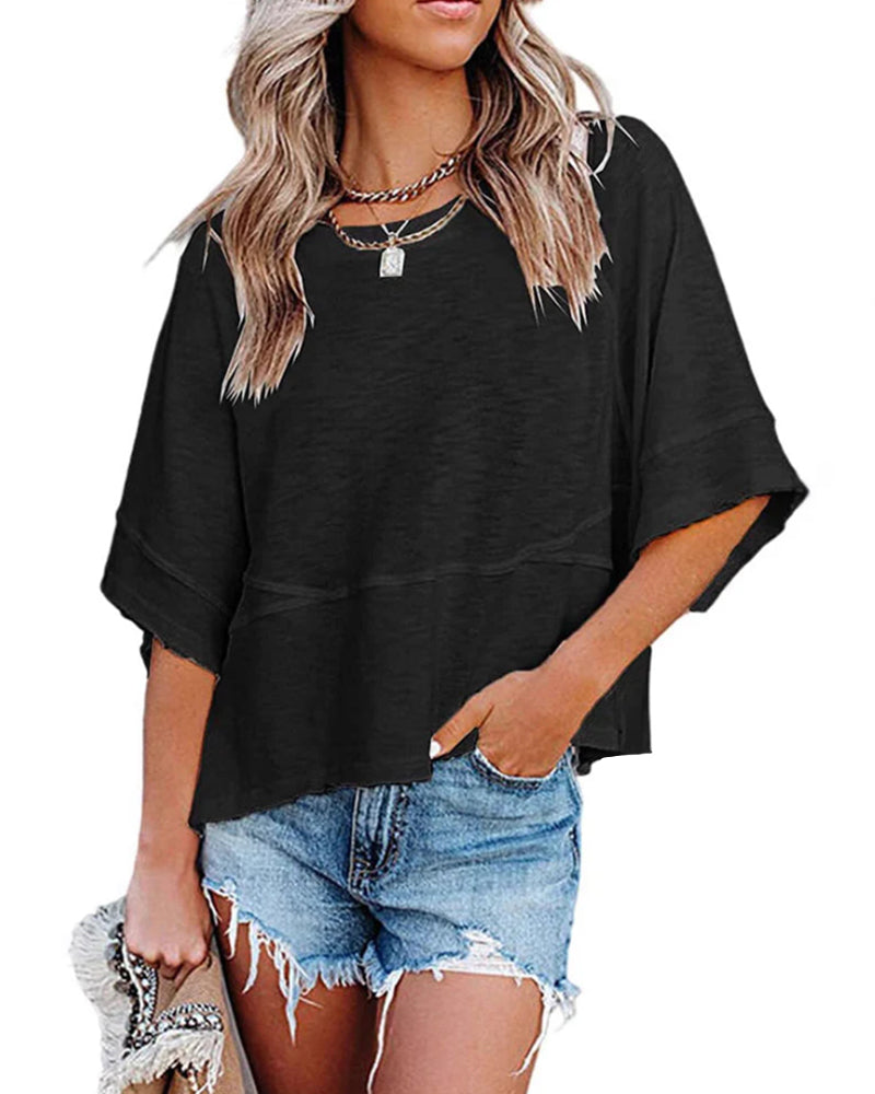 T-Shirt Sans Fente Rapiécé Uni Manche Cloche