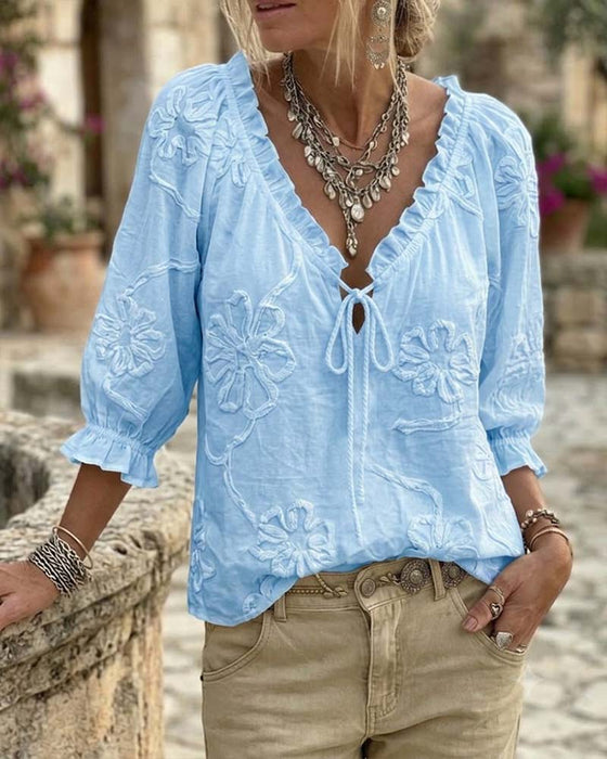 Blouse 100% Coton Col-V Enveloppante À Nœud Volantée