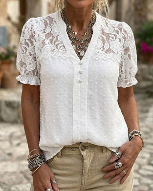 Chemisier Dentelle Patchwork Manche Bouffante Col V