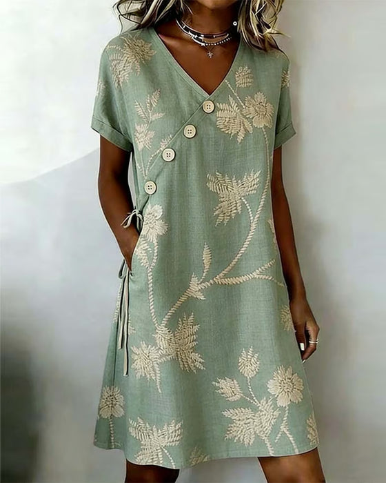 Robe Bouton Diagonal Imprimé Col V Midi