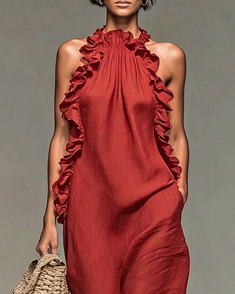 Robe Col Nuque Volantée Longue