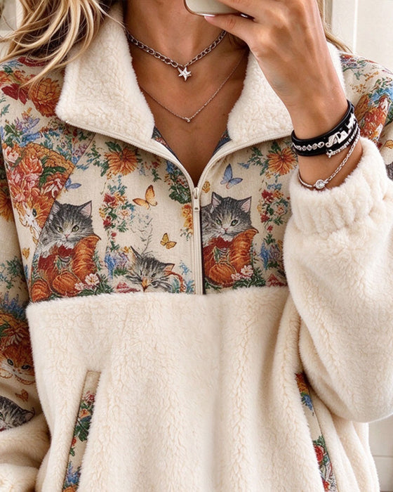 Sweat Imprimé Chat Assemblé Polaire Demi-Zip