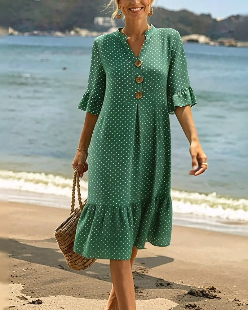 Robe Polka Dot Col V Volanté Manche