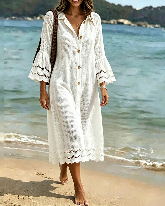 Robe Col Chemise Bouton Dentelle Patchwork