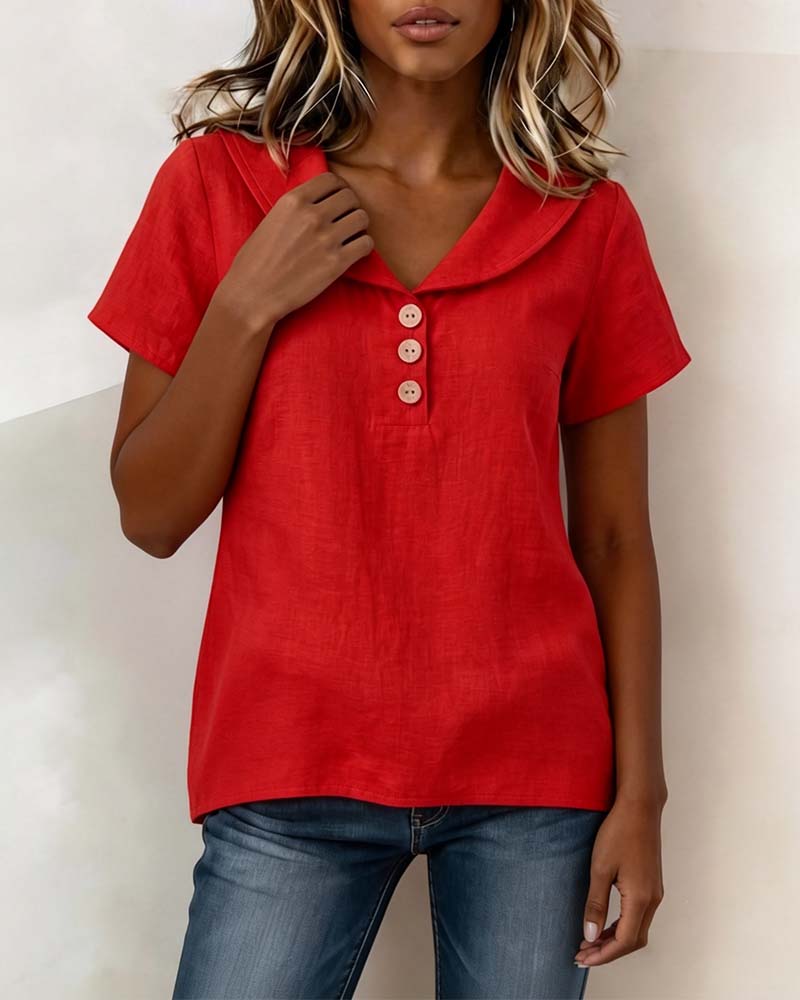 T-Shirt Col En V Col Peter Pan Bouton Manches Courtes