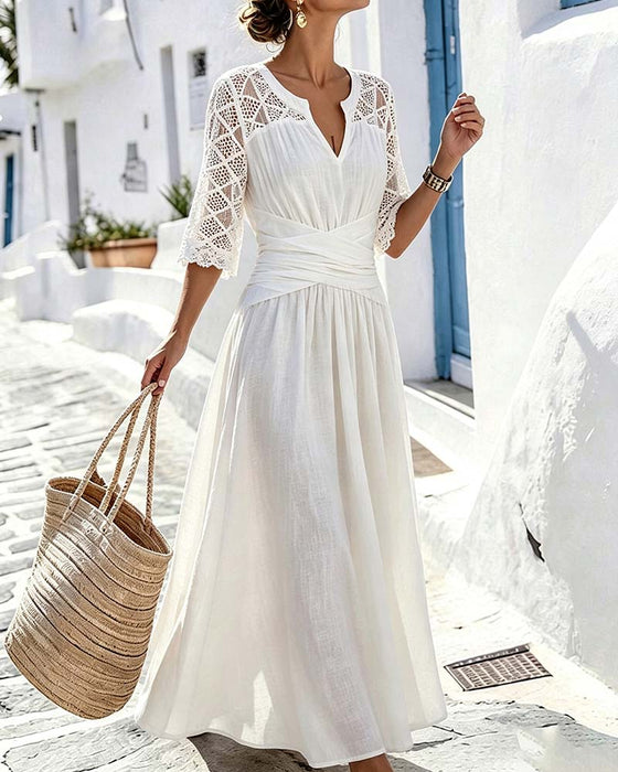 Robe Col V Croisé Dentelle Panneau