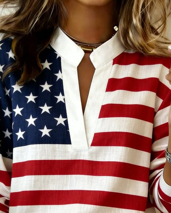 Bluse Flaggenprint Mandarin-Kragen V-Ausschnitt