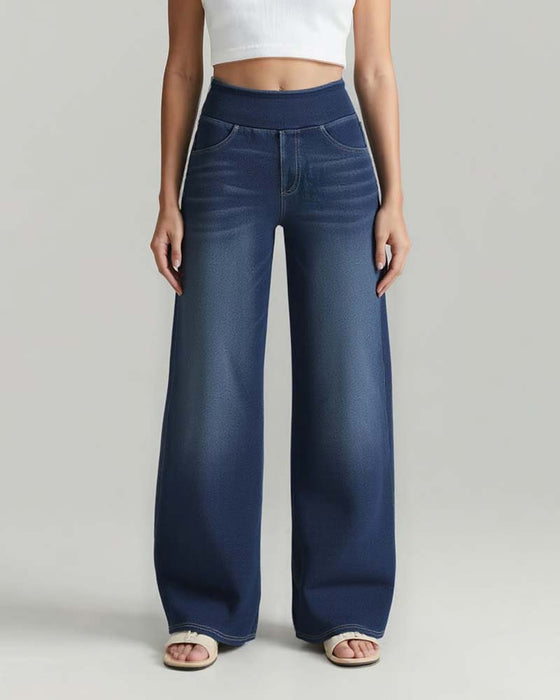 Pantalon Taille Élastique Denim Large Jambe