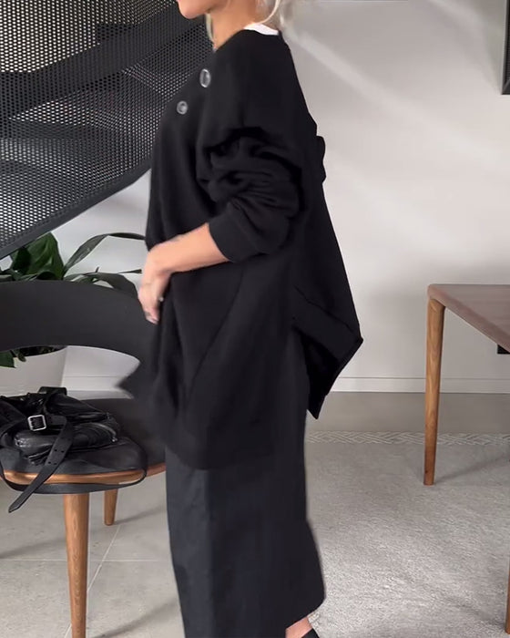 Sweat-shirt décontracté à col rond et fente de couleur unie