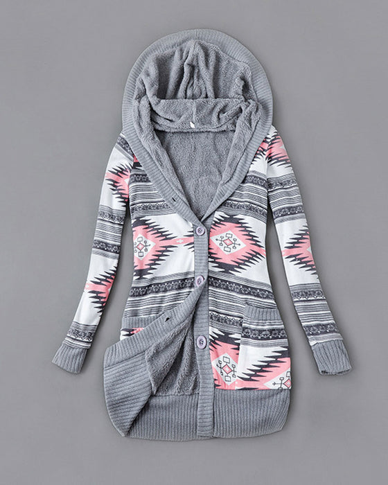 Manteau Imprimé À Capuche Boutonné