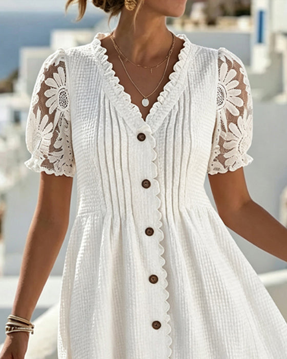 Robe Manches Ballon Tournesol Dentelle Patchwork