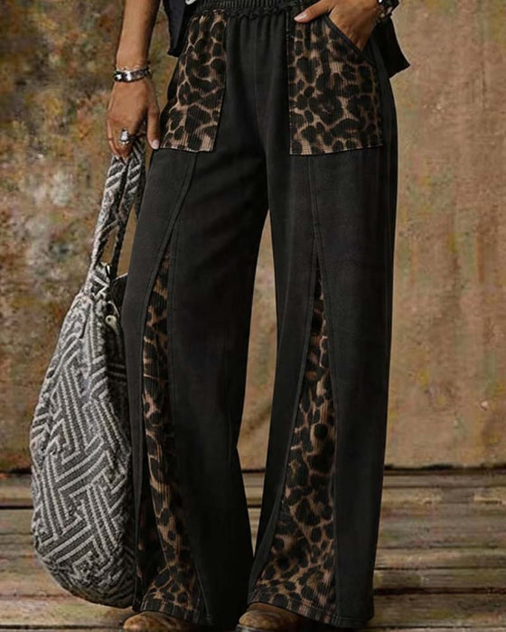 Pantalon Imprimé Léopard Large Patchwork Décontracté