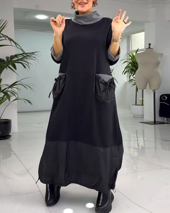 Robe patchwork à carreaux décontractée avec col montant et poche