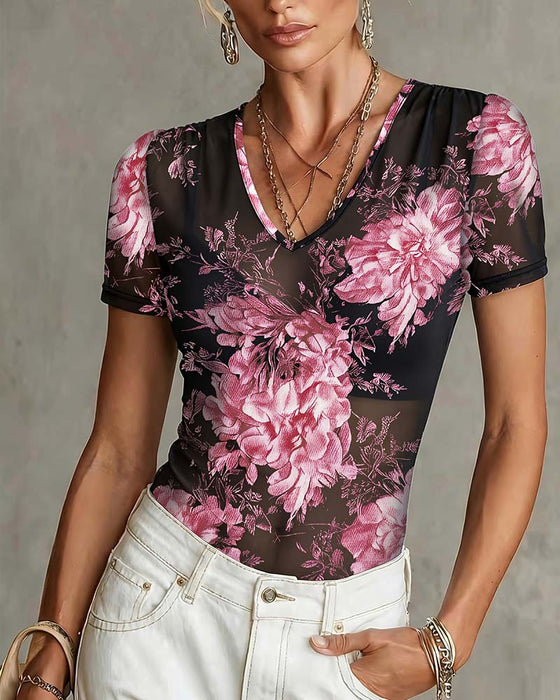 T-Shirt À Encou En V À Motif Floral Manches Courtes