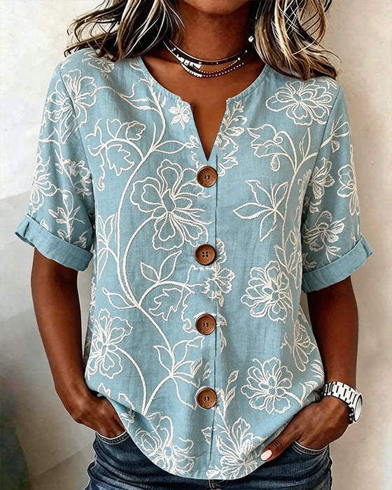 Blouse Col V Imprimé Pivoine Bouton