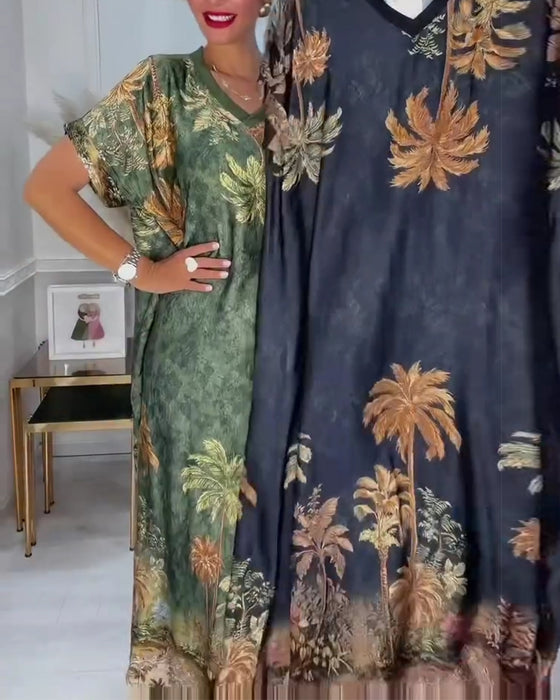 Robe Col En V Palmier Imprimé Manches Courtes Longue
