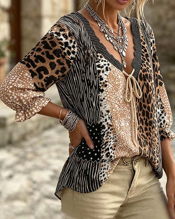 Blouse Col V Léopard Point Manche Bouffante