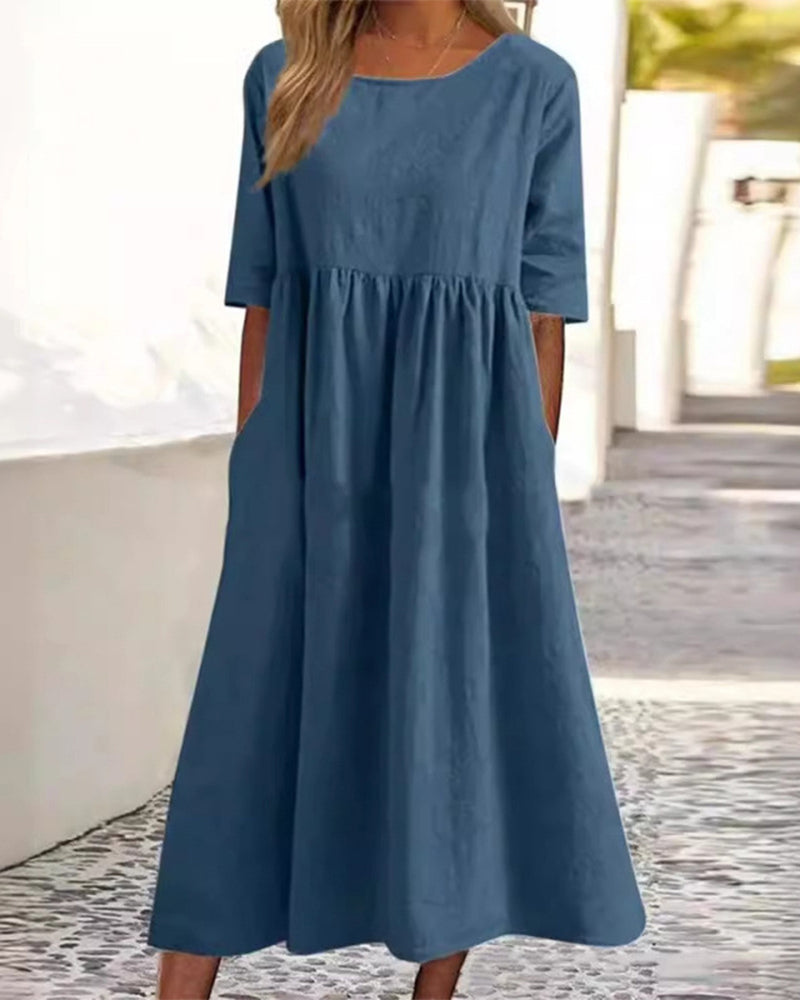 Robe Manches Courtes Poche Froncée