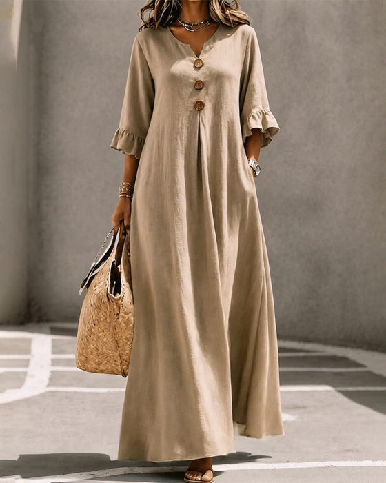 Robe Col En V Bouton Volant Jupe Ample