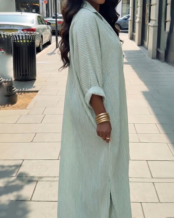 Robe Manches Longues Revers Lâche Rayée Chemise