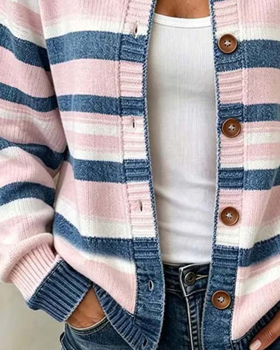 Cardigan Rayé Col Rond Simple Boutonnage