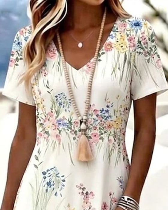 Robe Col V Florale Manche Courte A-Ligne
