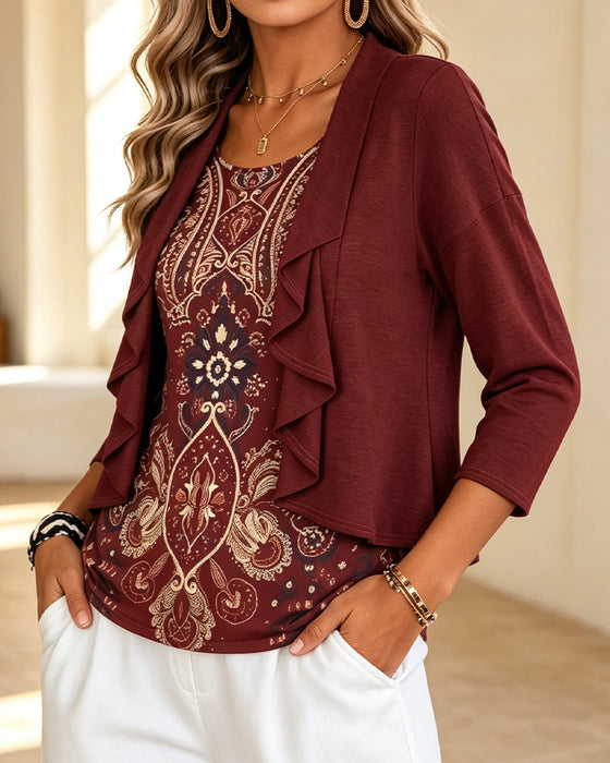 Blouse Imitation Deux Pièces Volant Imprimé